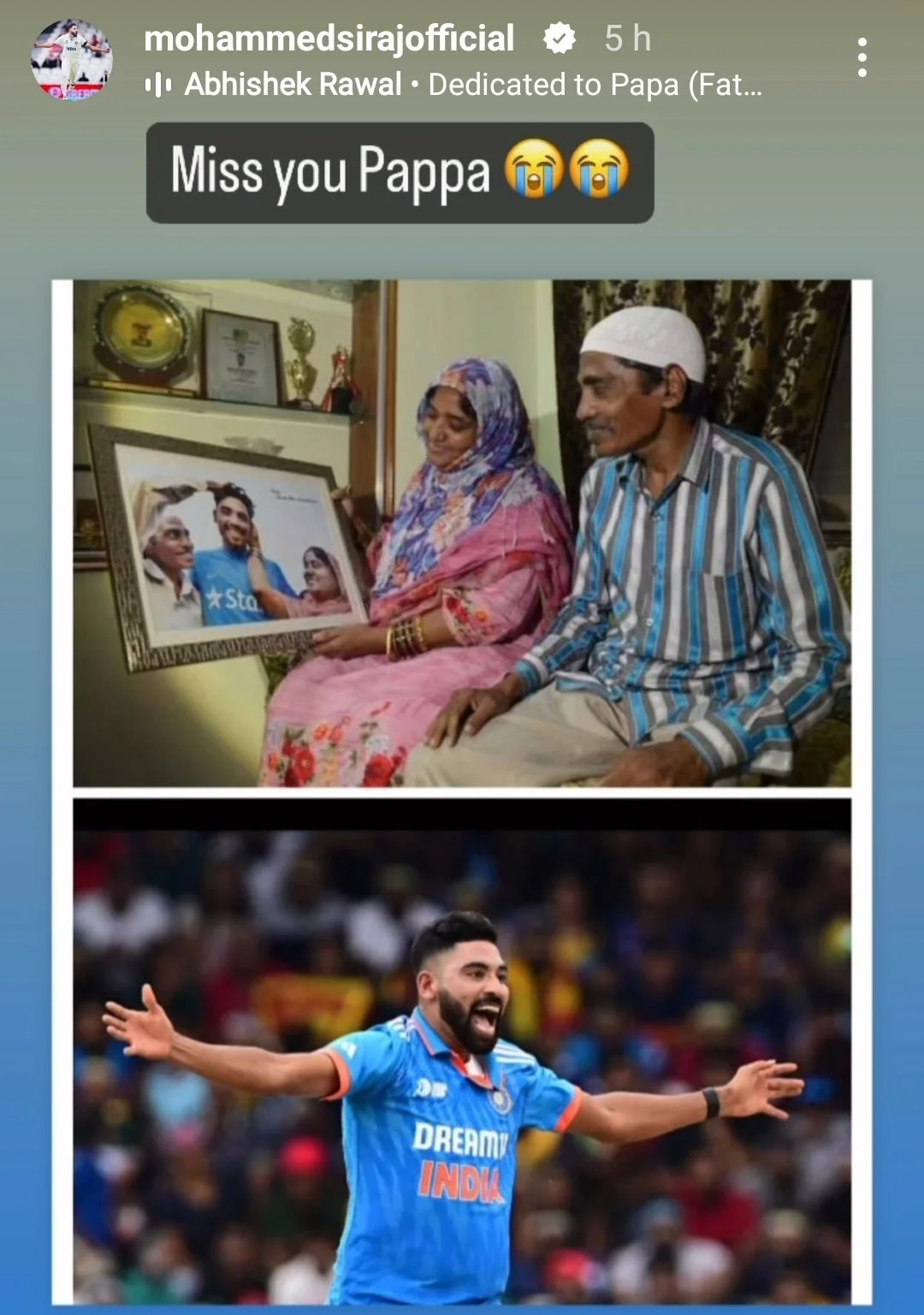 Mohammed Siraj's emotional Instagram story for his late father