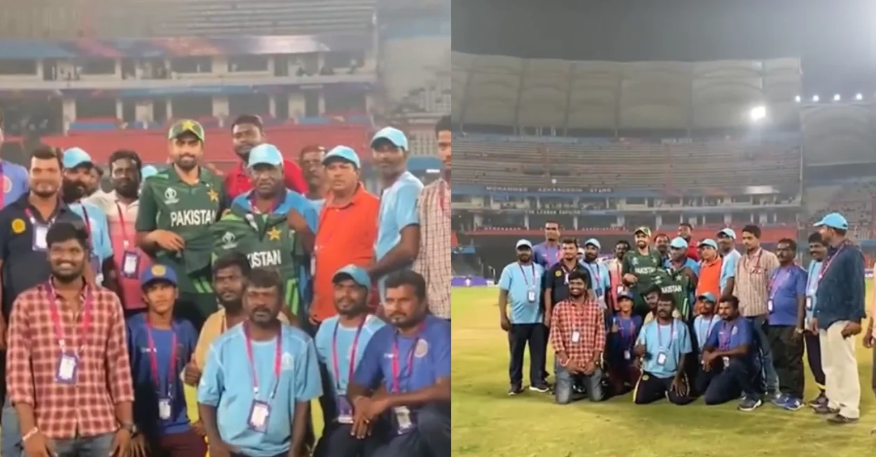 CWC 2023 [WATCH]: Babar Azam poses with Hyderabad Stadium ground staff, gifts Pakistan’s jersey