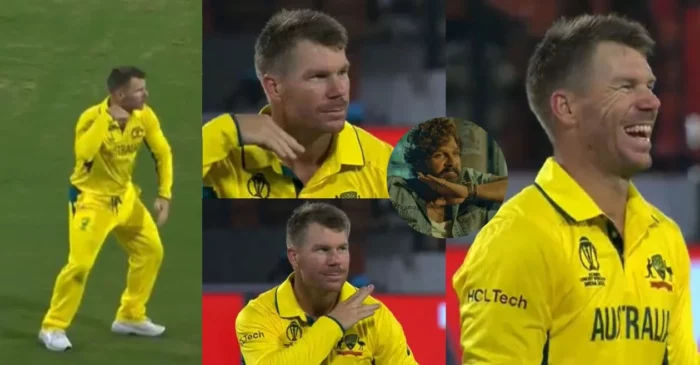 CWC 2023 Warmup [WATCH]: David Warner entertain fans with Allu Arjun’s Pushpa gesture after taking a catch in AUS vs PAK clash