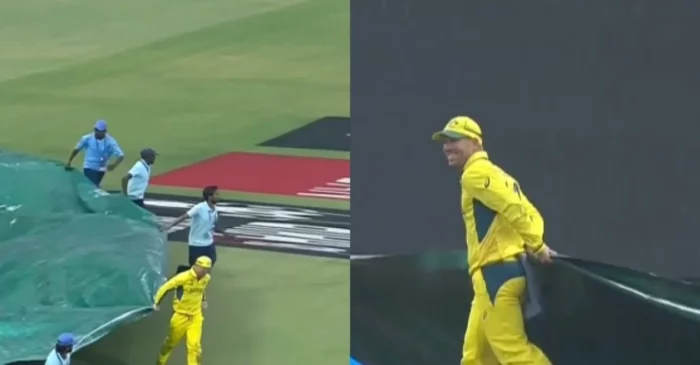 World Cup 2023 [WATCH]: David Warner helps the groundstaff in covering the pitch amid heavy rain in Lucknow