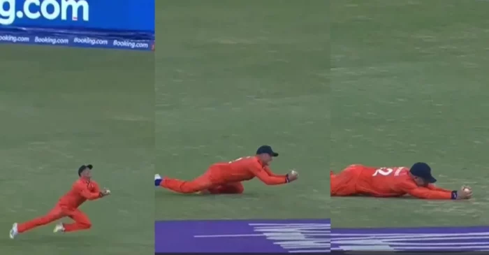 ODI World Cup 2023 [WATCH]: Roelof van der Merwe plucks a jaw-dropping catch to dismiss Mark Chapman in NZ vs NED clash