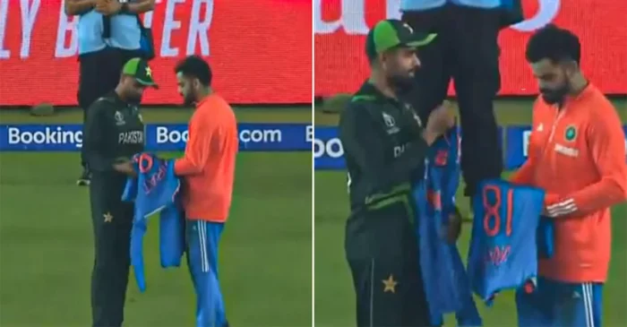 World Cup 2023 [WATCH]: Virat Kohli gifts his signed jersey to Babar Azam after India-Pakistan clash in Ahmedabad