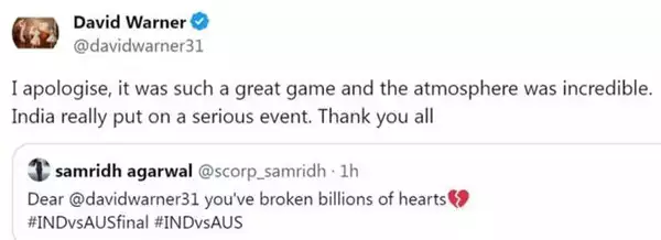 David Warner apologizes to Indian fan