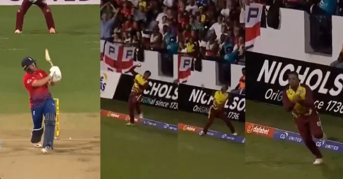 WATCH: Shimron Hetmyer takes a juggling boundary catch to dismiss Phil Salt during WI vs ENG 1st T20I