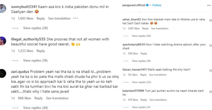 Sana Javed's Instagram Comment Section