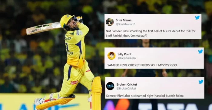 Fans salute Sameer Rizvi for his grand arrival in IPL 2024 with 2 sixes off Rashid Khan during CSK vs GT clash