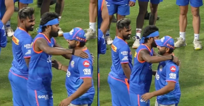 IPL 2024 [WATCH]: Amid rumours of rift, Hardik Pandya warmly hugs Rohit Sharma during MI’s practice session