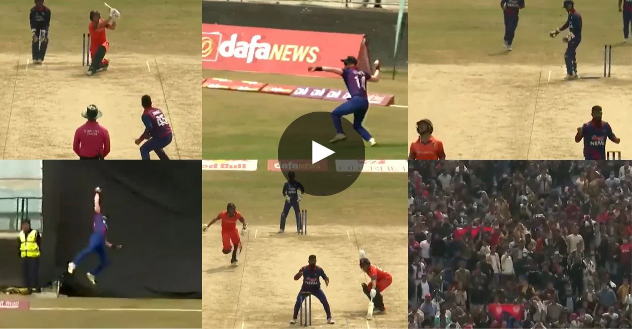 NEP vs NED: Watch Nepal’s Kushal Bhurtel make an unbelievable run-out from what seemed like a certain six, showcasing incredible athleticism