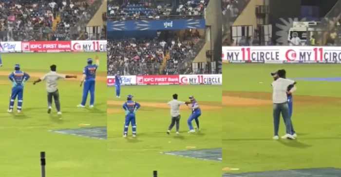 WATCH: Rohit Sharma gets scared after a fan breach security to meet him during MI vs RR game | IPL 2024