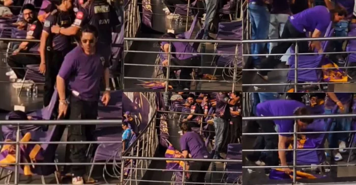 WATCH: Shah Rukh Khan wins the internet with his heartwarming gesture of picking up fallen KKR flags | IPL 2024
