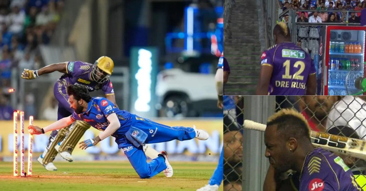 Andre Russell gets frustrated after run out in MI v KKR game at IPL 2024