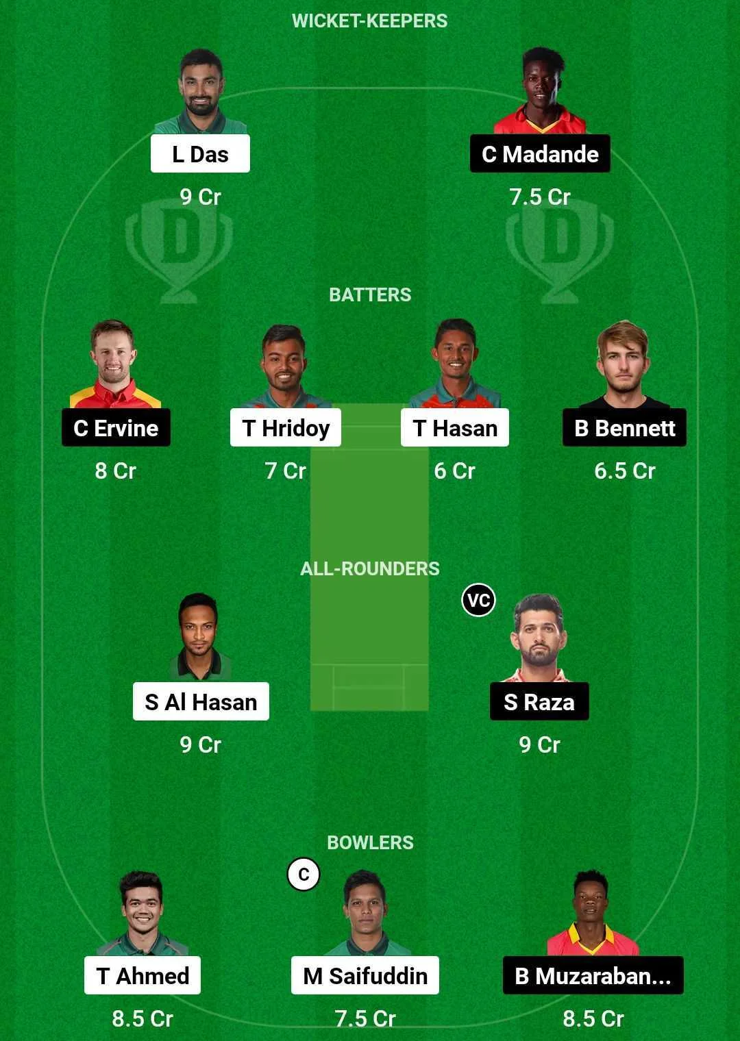 Ban vs Zim Fantasy Team (screengrab Dream 11)