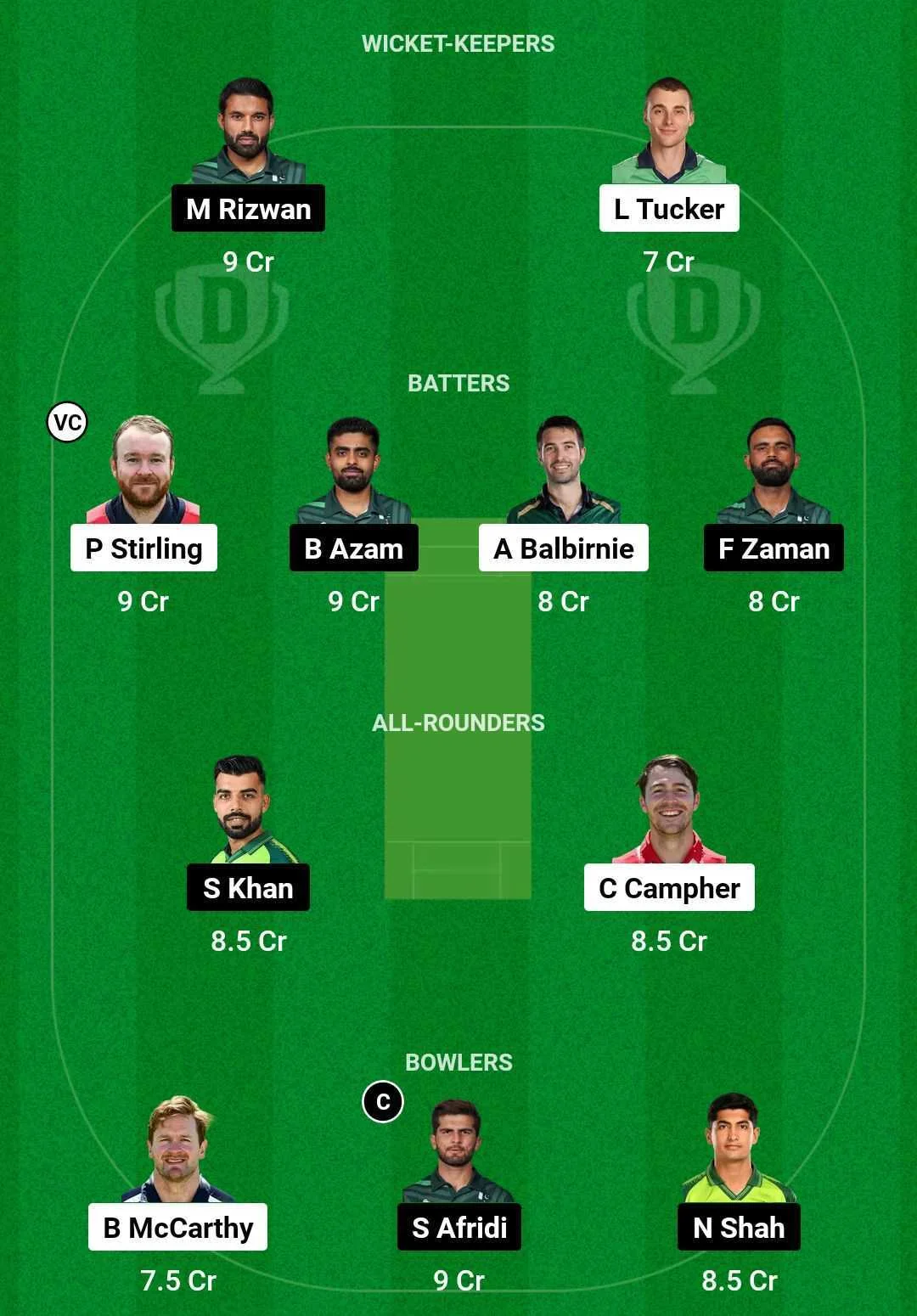 IRE vs PAK Fantasy Team (screengrab Dream 11)