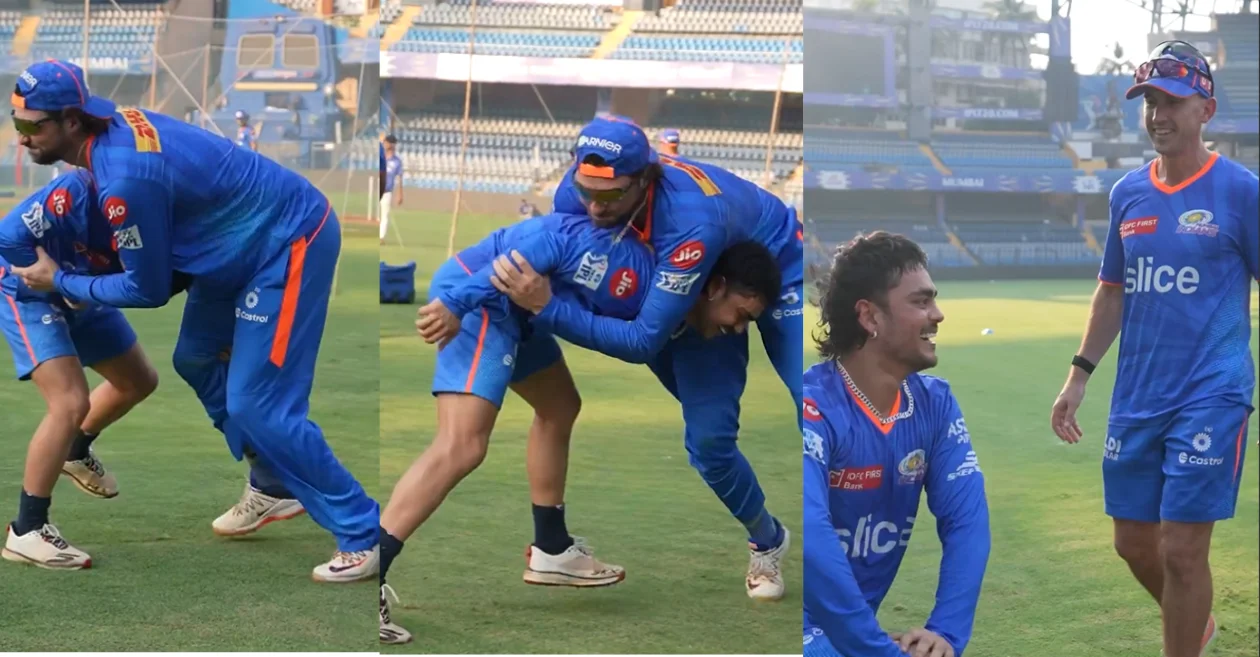 IPL 2024 [WATCH]: Ishan Kishan and Tim David engage in a funny wrestling battle ahead of MI vs LSG match