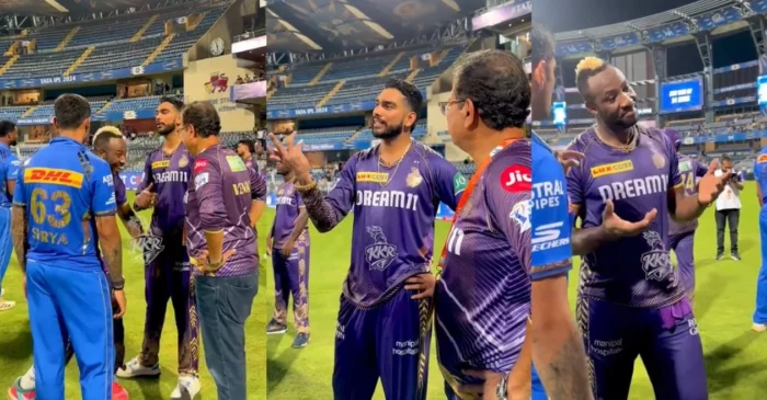 WATCH: Venkatesh Iyer and Andre Russell engage in a fun chat after run-out goof-up during MI vs KKR clash at IPL 2024