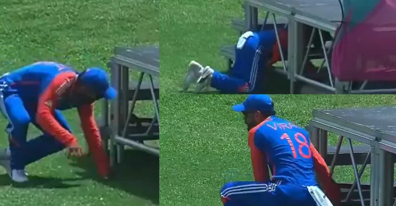 T20 World Cup 2024 [WATCH]: Virat Kohli’s humorous effort to fetch the ball from under the hoardings in IND vs BAN game