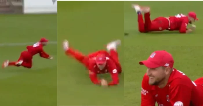 WATCH: Liam Livingstone pulls off a sensational catch to dismiss Lyndon James in the T20 Blast game