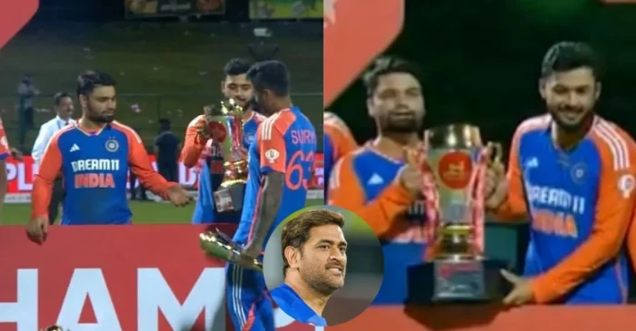 SL vs IND [WATCH]: Suryakumar Yadav follows MS Dhoni’s legacy, hands over trophy to Riyan Parag and Rinku Singh