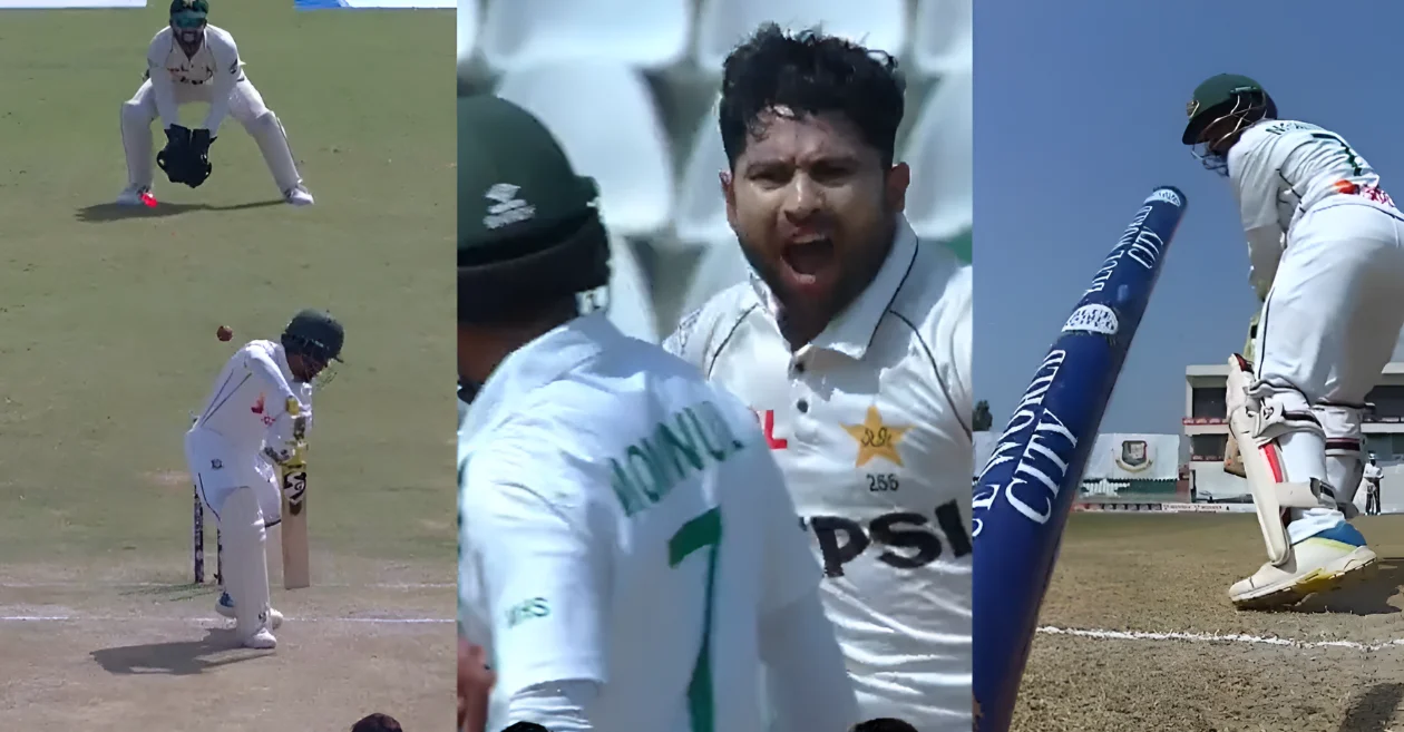 PAK vs BAN [WATCH]: Khurram Shahzad’s fiery celebration after dismissing Mominul Haque with a stunning delivery on Day 3 of first Test