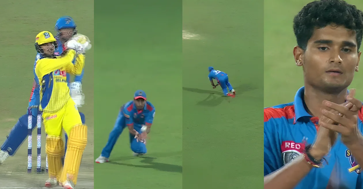 WATCH: Pranshu Vijayran takes a brilliant diving catch to dismiss Dhruv Kaushik in a rain-shortened thriller in DPL T20 2024