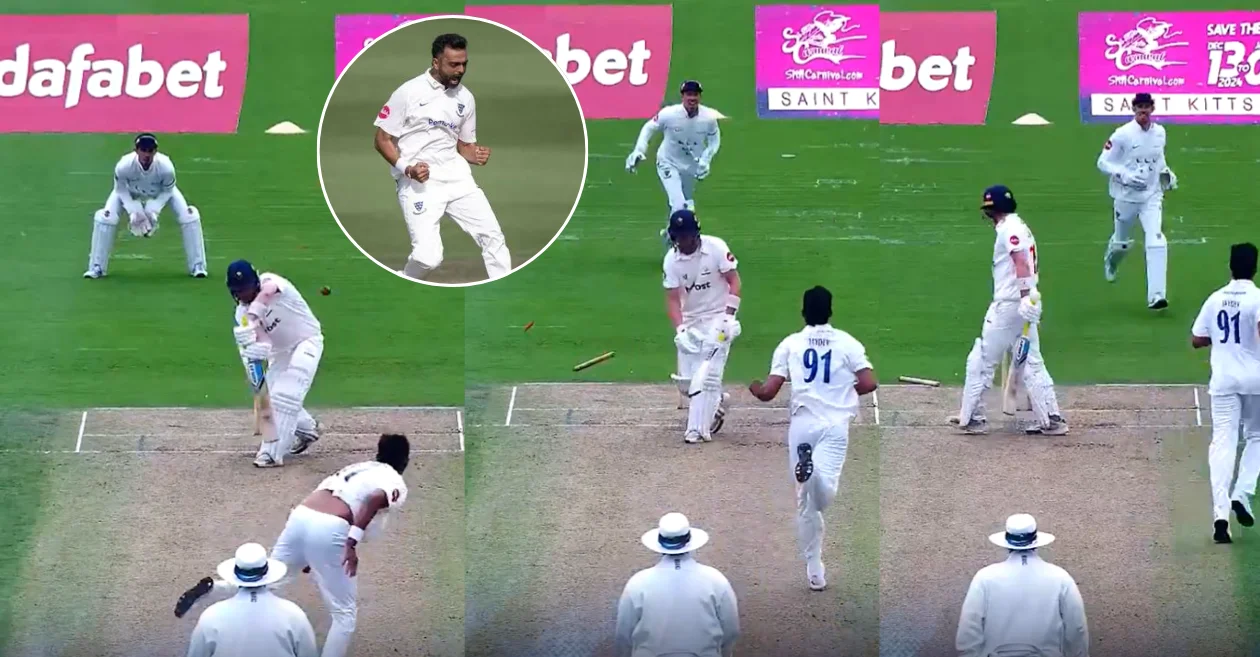 WATCH: Jaydev Unadkat dismantles Sam Northeast’s middle stump on Day 1 of SUS vs GLM 2024 County Championship match