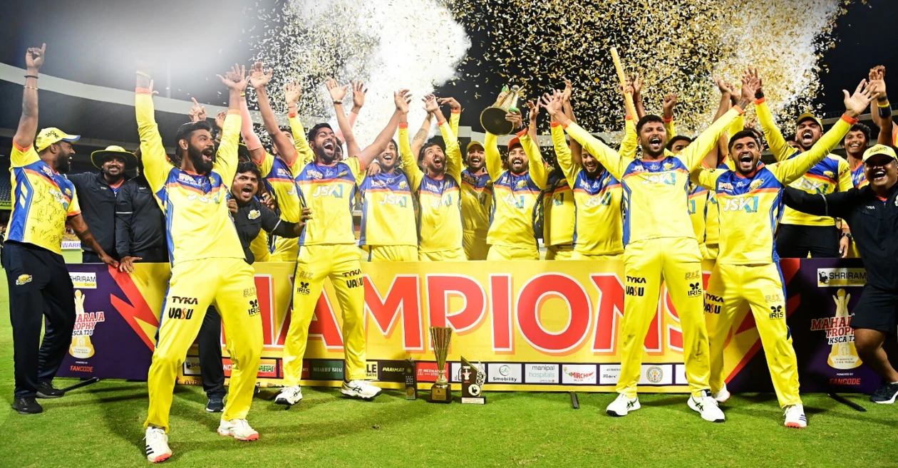 Karun Nair’s Mysore Warriors lifts the 2024 Maharaja T20 Trophy after thrashing Bengaluru Blasters in the final