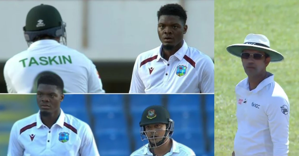 WI vs BAN 2024: Alzarri Joseph and Taskin Ahmed exchange heated words before bad light halts play on Day 3 of 1st Test