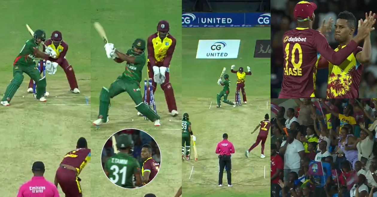 WATCH: Akeal Hosein cleans up Tanzid Hasan with his clever spin bowling in the WI vs BAN 2024 1st T20I