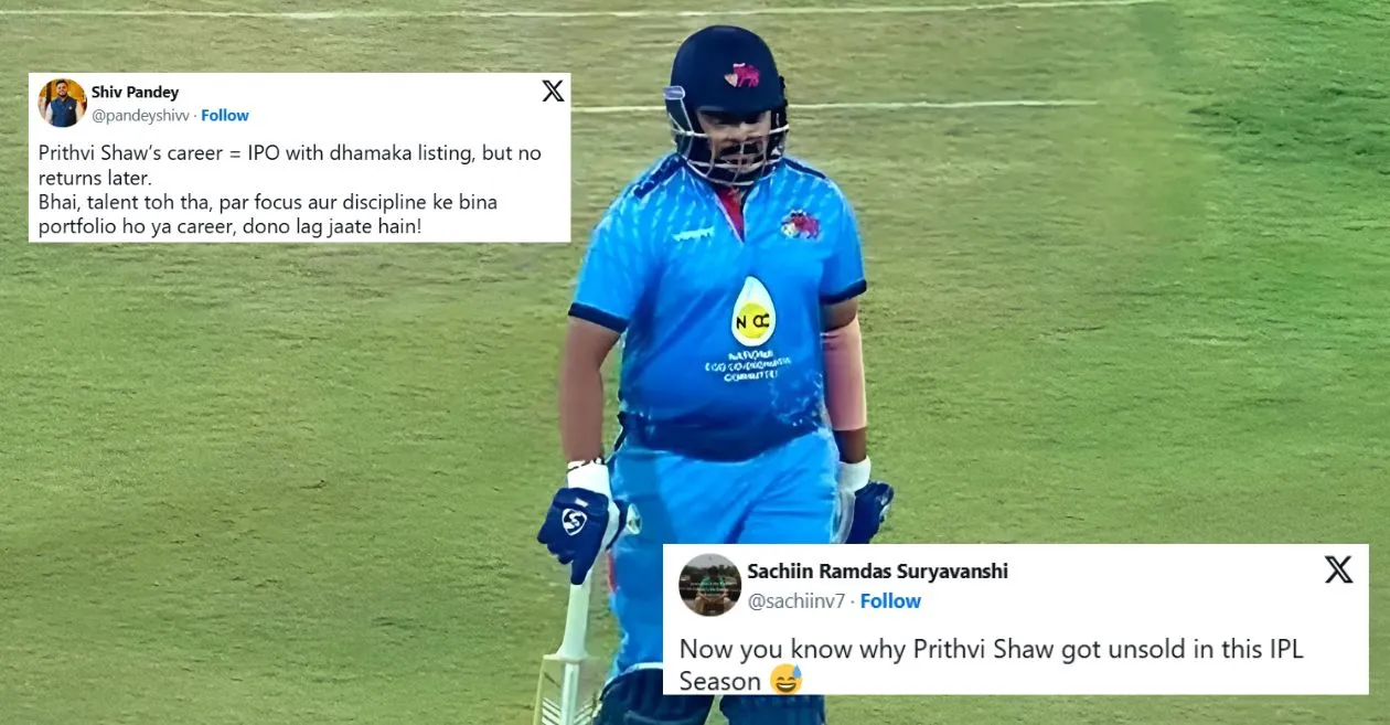 Fans troll Prithvi Shaw after another duck in Syed Mushtaq Ali Trophy 2024