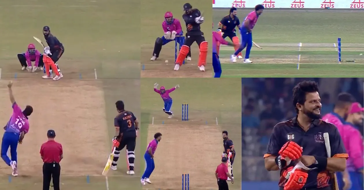 WATCH: Suresh Raina gets dismissed in an unlucky manner during the Big Cricket League 2024