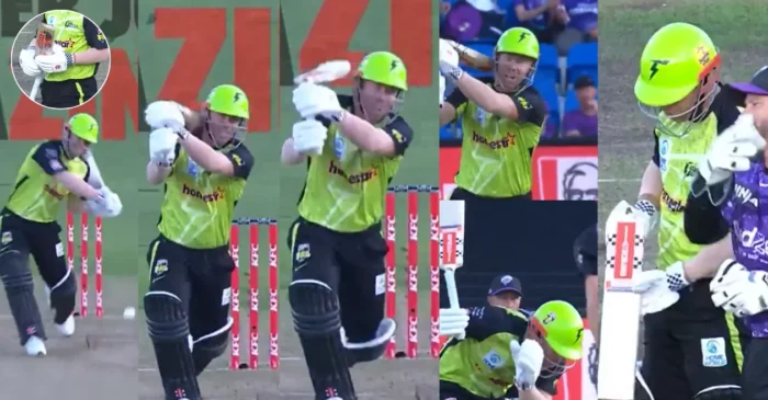 WATCH: David Warner breaks his bat and accidentally strikes himself on the head in BBL|14