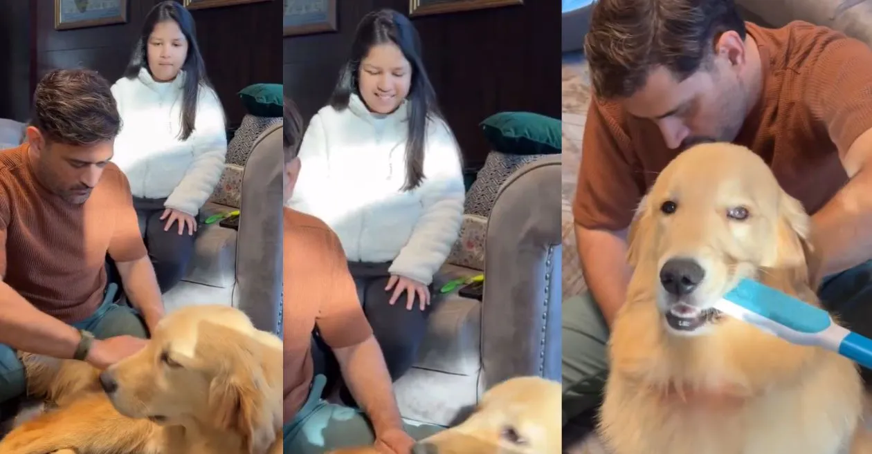 WATCH: MS Dhoni and his daughter Ziva share a ‘Therapawtic’ moment grooming their dog