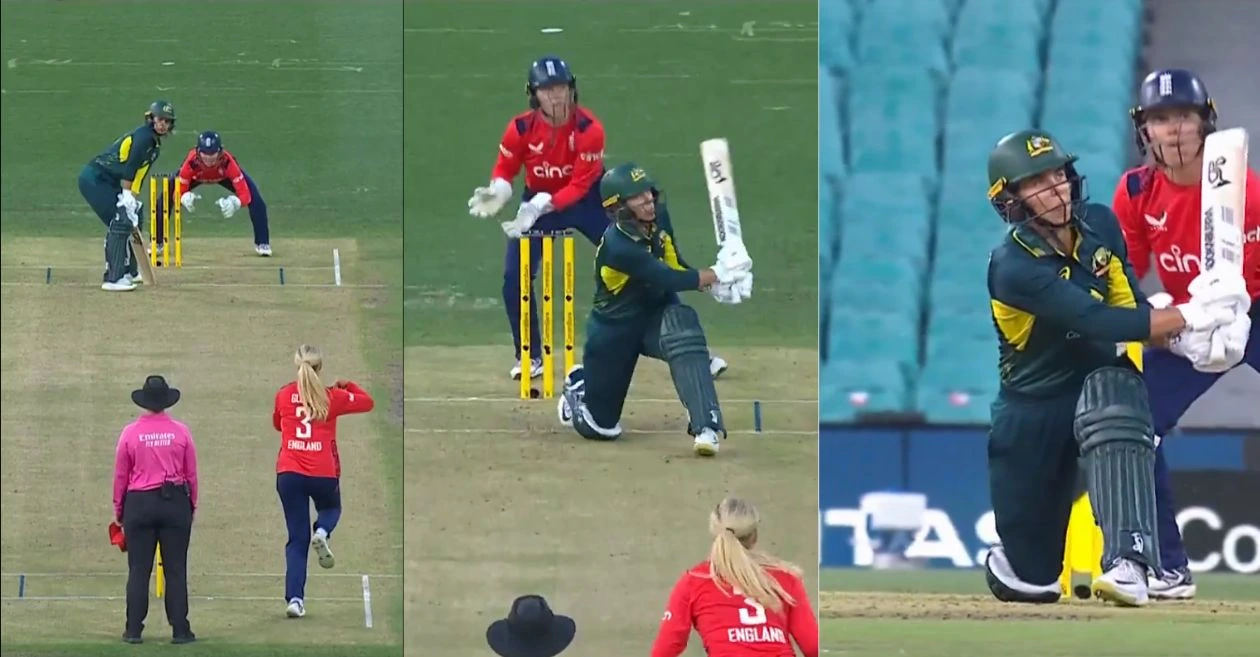 WATCH: Phoebe Litchfield reverse scoops to smash a towering six off Sarah Glenn in 1st T20I- AUS-W vs ENG-W