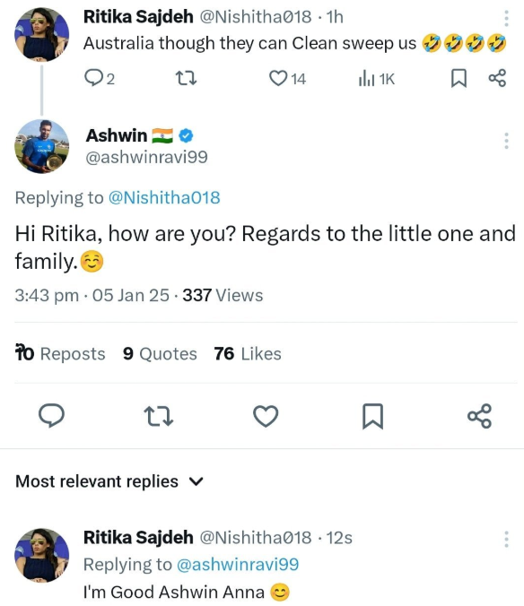 A screenshot of Ravichandran Ashwin's interaction with Ritika Sajdeh's fake account 