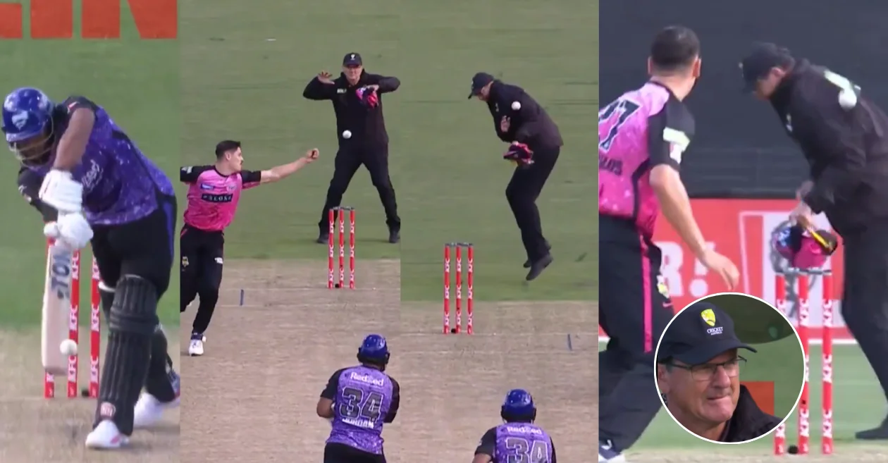 WATCH: Chris Jordan’s straight drive accidentally hits the umpire | BBL 2024-25