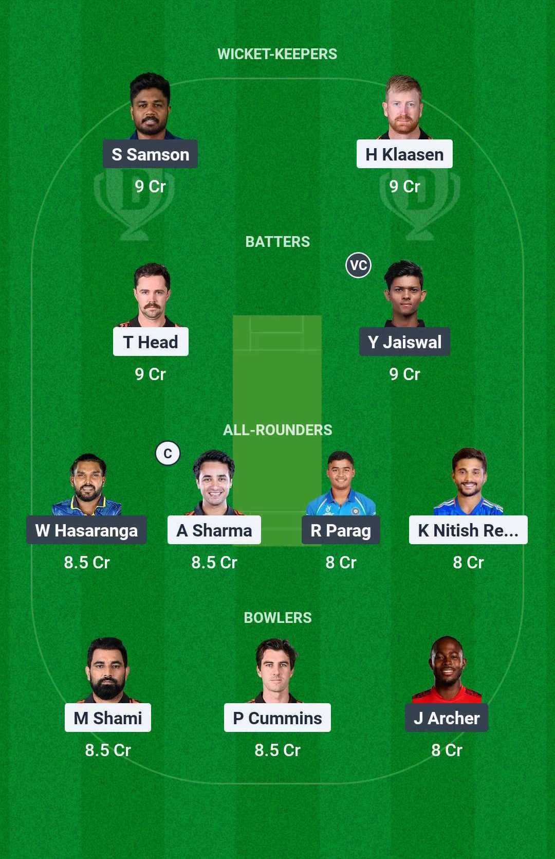 SRH VS RR Dream11 For today's match (March 23, 10:00 GMT)