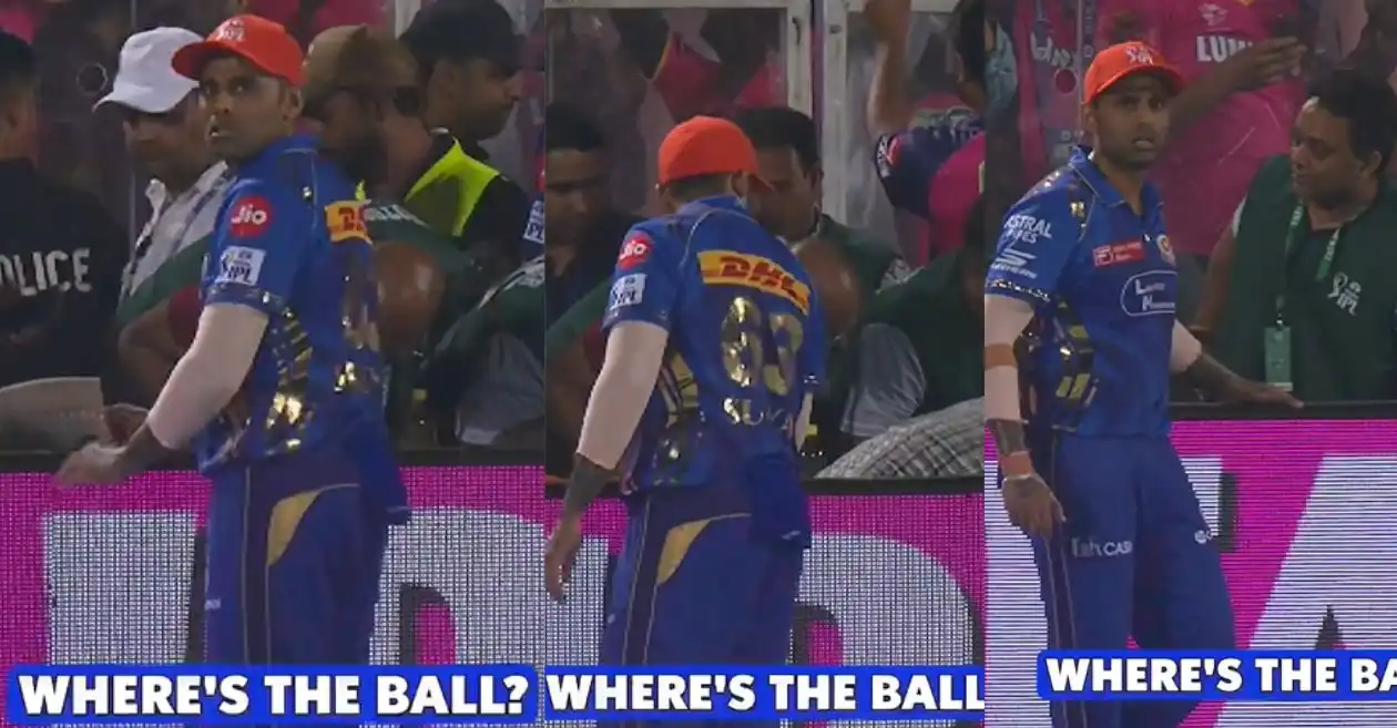 WATCH: Suryakumar Yadav spotted searching for the lost ball as RR vs MI IPL 2025 match turns into gully cricket