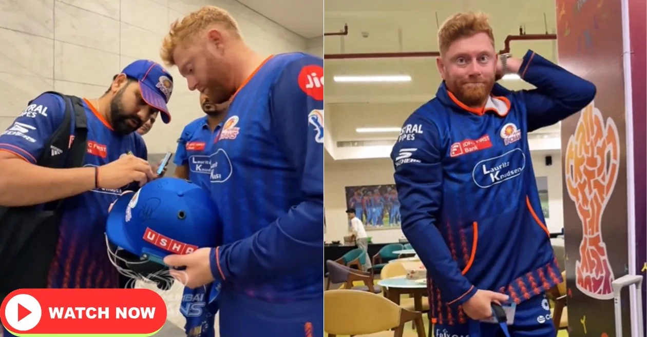 WATCH: Jonny Bairstow asks Rohit Sharma to sign his helmet after Mumbai Indians’ exit from IPL 2025
