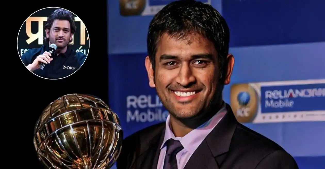 MS Dhoni reacts after being inducted into ICC Hall of Fame