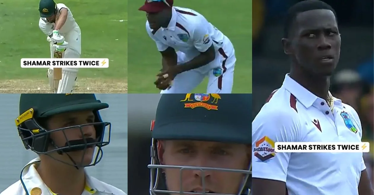 WI vs AUS [WATCH]: Shamar Joseph delivers twin blows to remove Sam Konstas and Cameron Green as Australia falters early on Day 1 of Bridgetown Test
