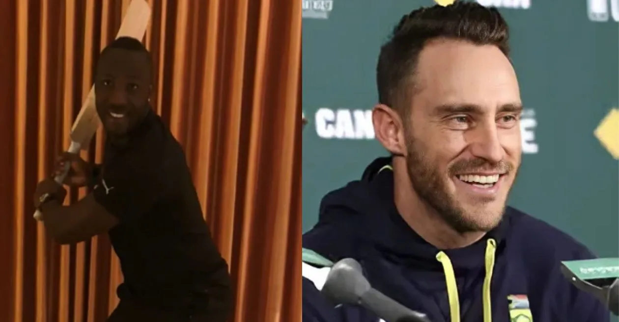 Faf du Plessis reacts cheekily as Andre Russell mimics his batting stance