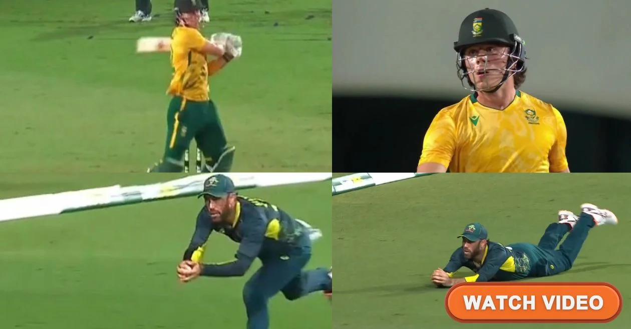 AUS vs SA [WATCH]: Glenn Maxwell takes a jaw-dropping catch to dismiss Dewald Brevis during the 3rd T20I